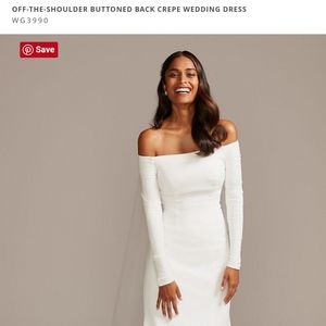 OFF-THE-SHOULDER BUTTONED BACK CREPE WEDDING DRESS
